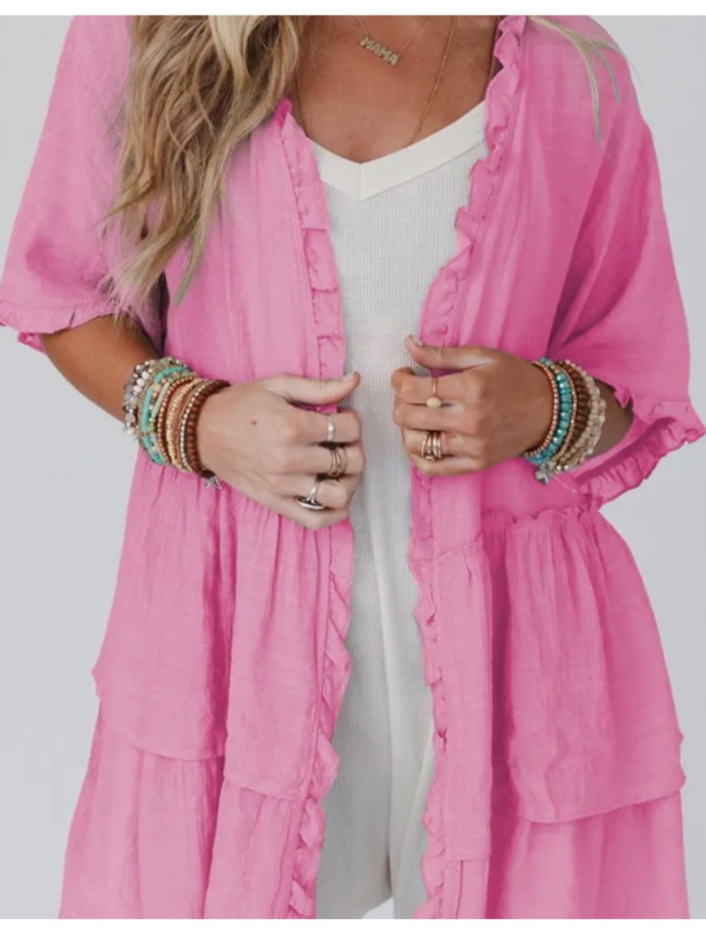 Pink Ruffle Open Front Kimono